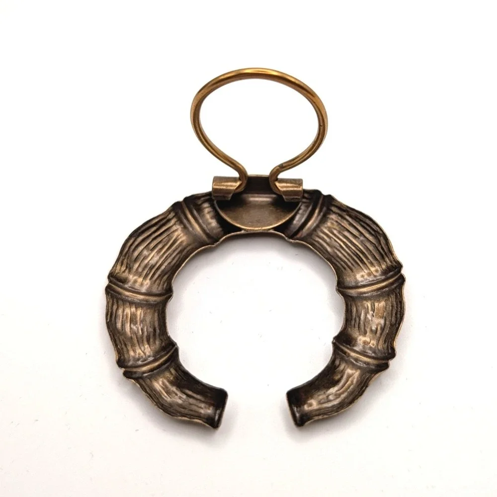 Vintage Faux Bamboo Scarf Ring Slide Antique Bronze Tone Metal Chinoiserie